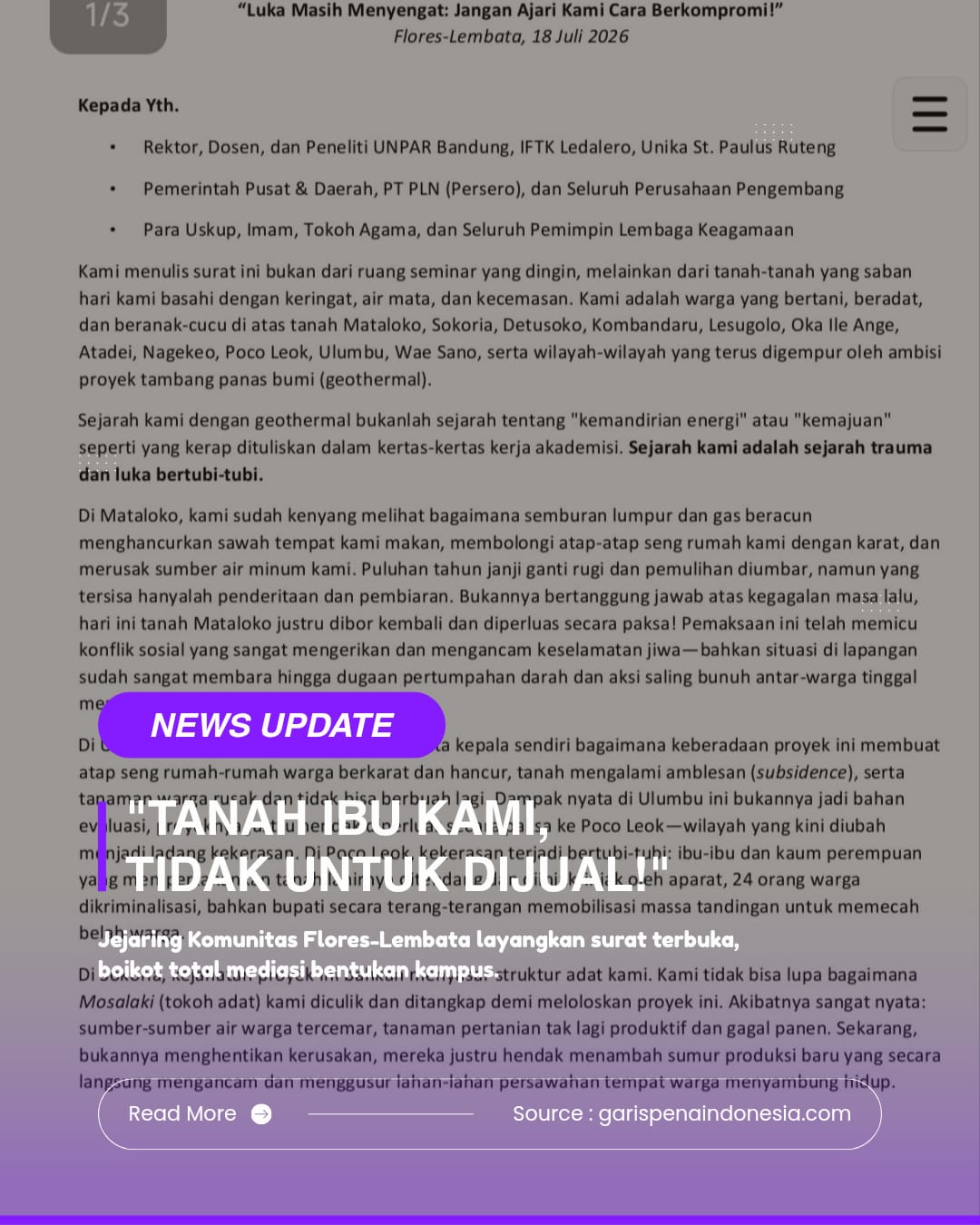 "Tanah Ibu Kami Tidak Untuk Dijual!"